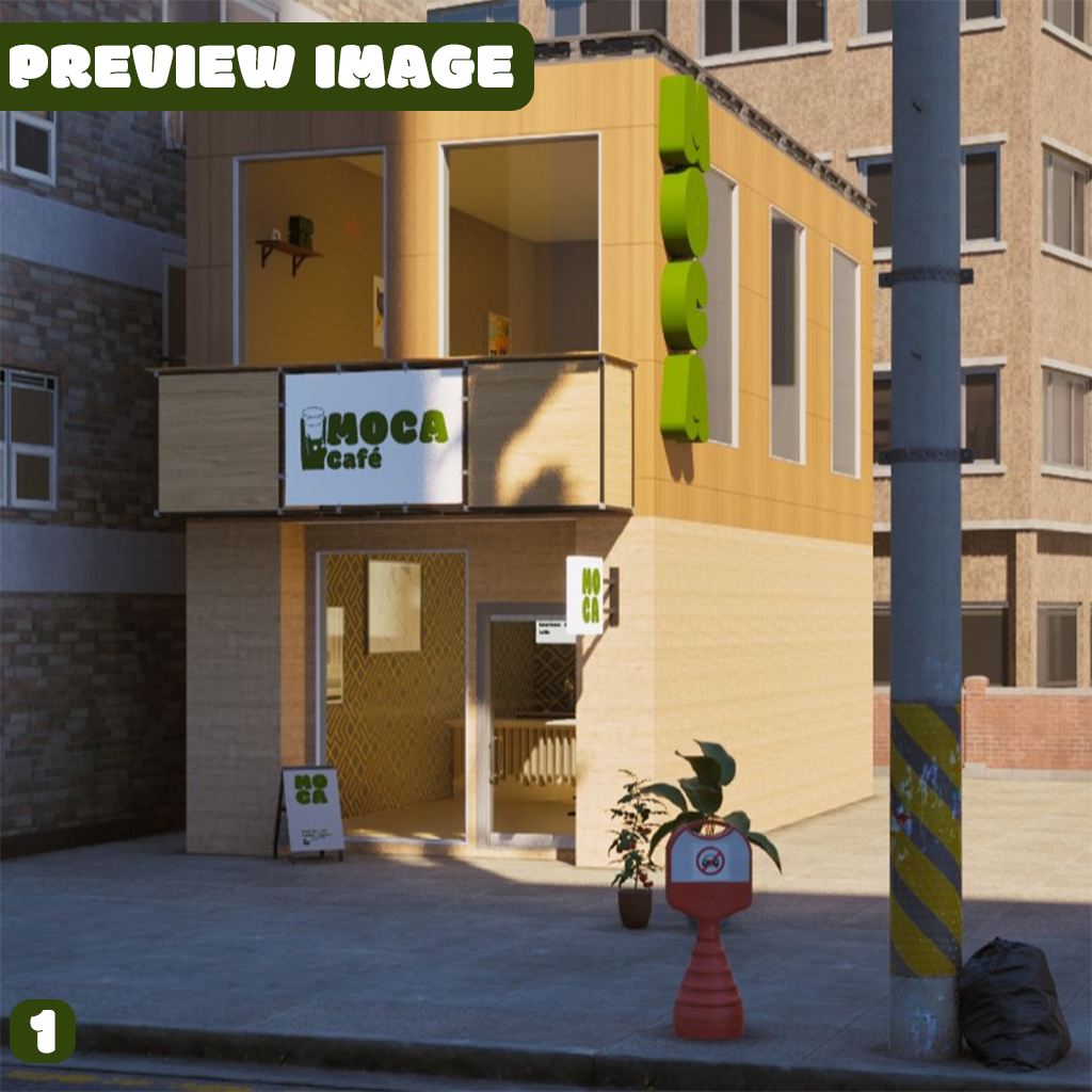 MOCA Cafe building in inZOI: a two-story wood and cream cafe with a green vertical MOCA sign, a MOCA Café banner and a sidewalk menu board